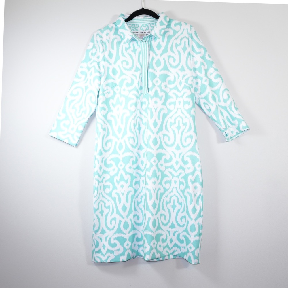 Gretchen Scott Wear Everywhere Dress Mint Aqua Arabesque 3/4 Sleeve Cruise XL